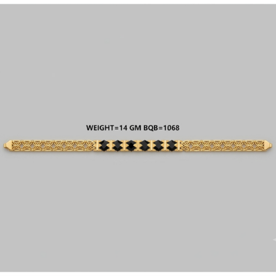 A gold-toned filigree bracelet with a central row of black diamond-shaped stones, shown horizontally on a plain gray background with text indicating weight and gemstone count.