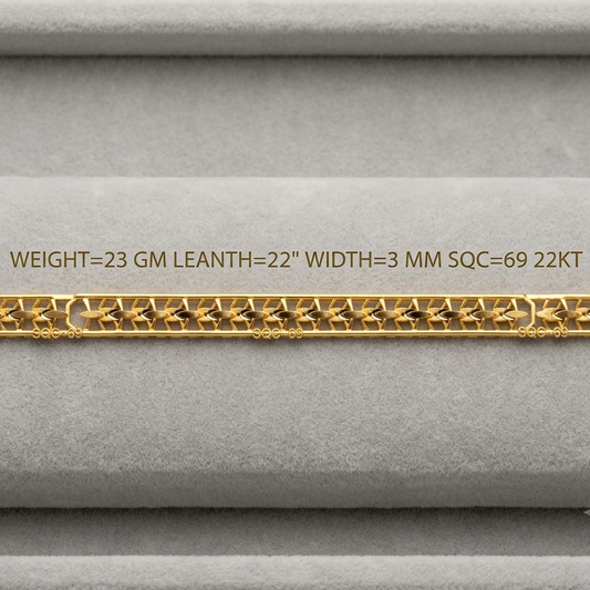 A close-up of a gold chain bracelet displayed on a gray velvet jewelry box. Gold text above the bracelet reads: 'WEIGHT=23 GM LEANTH=22" WIDTH=3 MM SQC=69 22KT'.