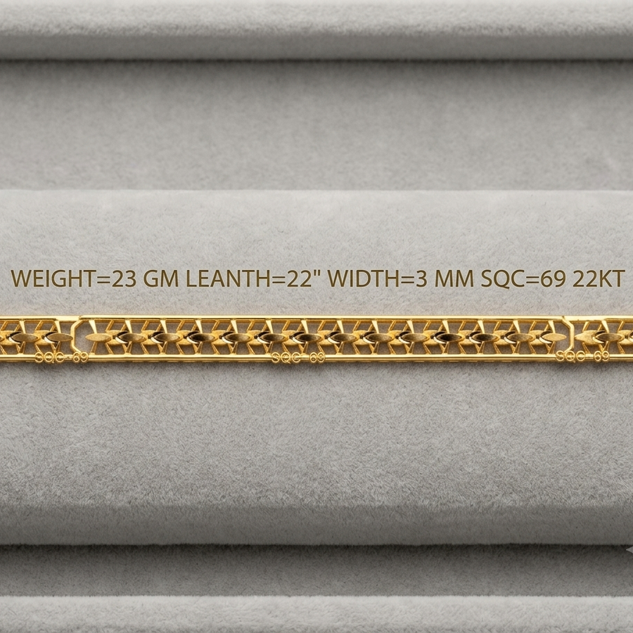 A close-up of a gold chain bracelet displayed on a gray velvet jewelry box. Gold text above the bracelet reads: 'WEIGHT=23 GM LEANTH=22" WIDTH=3 MM SQC=69 22KT'.