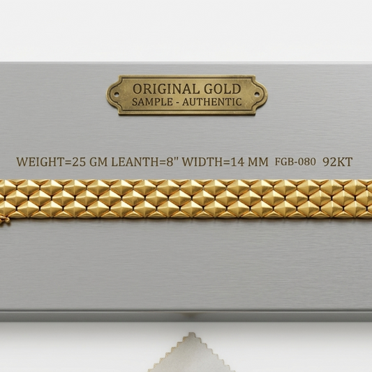 A gold pyramid-link bracelet displayed on a brushed silver metal plaque with a brass plate reading 'ORIGINAL GOLD SAMPLE - AUTHENTIC.' and specifications below.