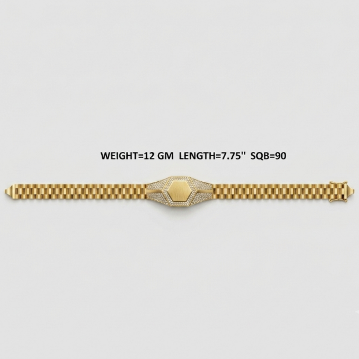 A gold bracelet with a central geometric clasp and pavé-set stones, shown on a light gray background with text detailing its weight, length, and square size.
