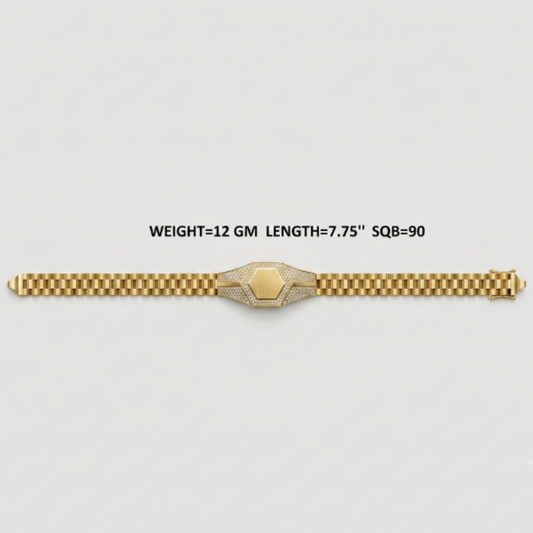 A gold bracelet with a central geometric clasp and pavé-set stones, shown on a light gray background with text detailing its weight, length, and square size.
