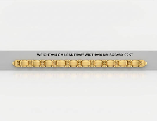 A gold link bracelet displayed horizontally on a light gray background with text above it stating: WEIGHT=14 GM LEATH=8" WIDTH=10 MM SQB=80 92KT.