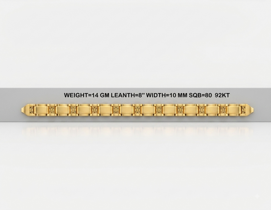 A gold link bracelet displayed horizontally on a light gray background with text above it stating: WEIGHT=14 GM LEATH=8" WIDTH=10 MM SQB=80 92KT.