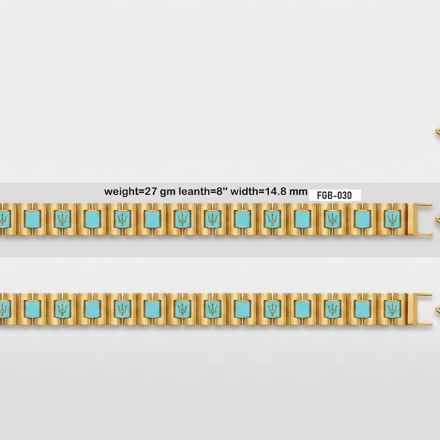 Gold-plated link bracelet with turquoise-colored square inlays, shown in two horizontal views on a light gray background with a small close-up of the clasp at top right. Text reads: weight=27 gm leathth=8" width=14.