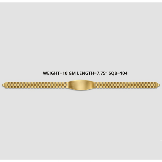 A gold-tone watch band with a central oval plate and textured links, shown horizontally on a light gray background with text above reading 'WEIGHT=10 GM LENGTH=7.75" SQB=104'.