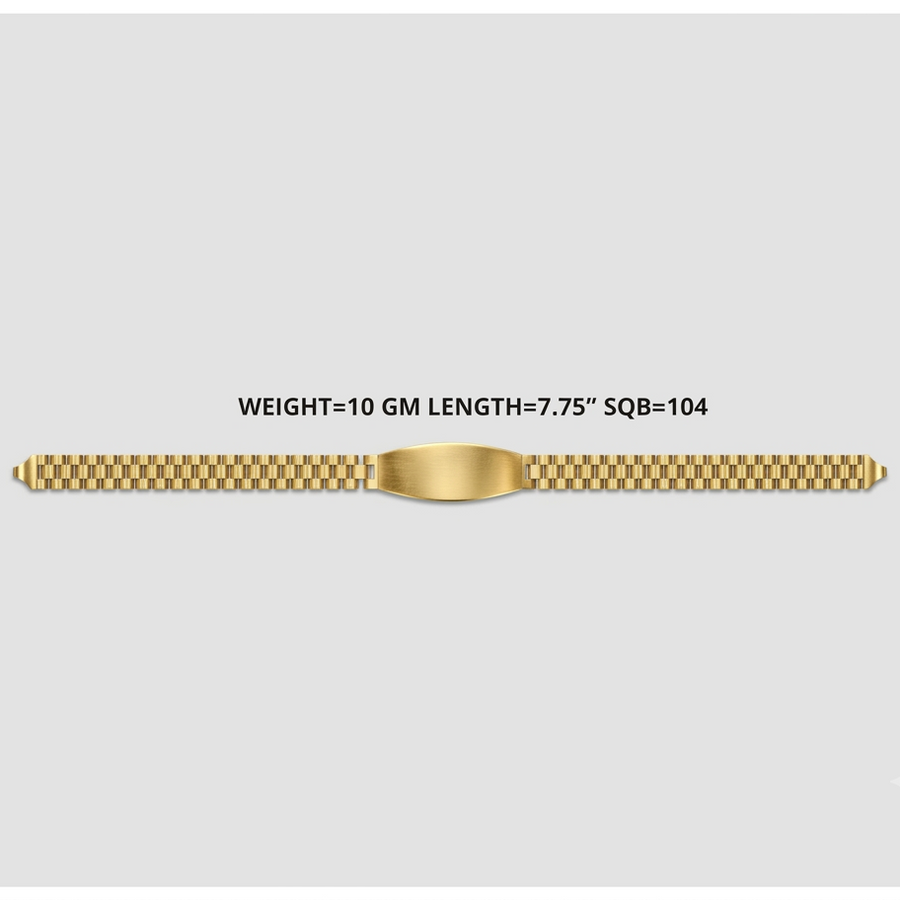A gold-tone watch band with a central oval plate and textured links, shown horizontally on a light gray background with text above reading 'WEIGHT=10 GM LENGTH=7.75" SQB=104'.