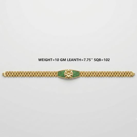 A gold bracelet with a central green and gold floral clasp, displayed horizontally on a light gray background with text indicating its weight and dimensions.