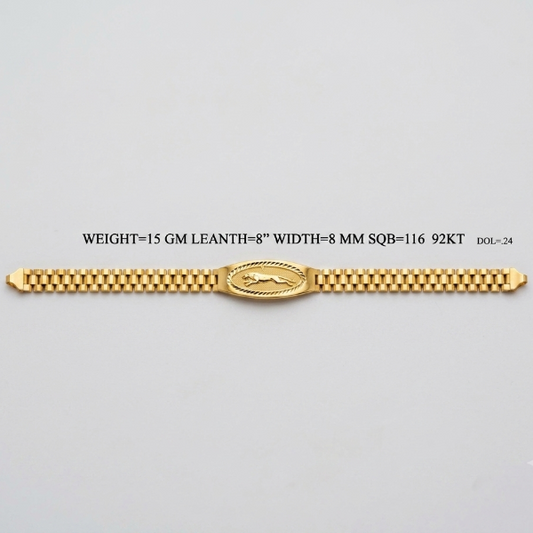 A gold-colored chain bracelet with a central oval medallion featuring a leaping jaguar, presented on a light gray background with product specifications printed above it.