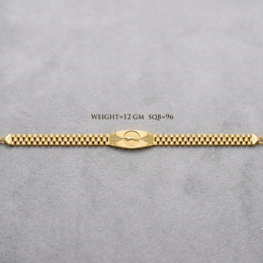 A gold-tone metal link bracelet with a central oval clasp, laid horizontally on a textured gray background. Black text above the bracelet reads 'WEIGHT=12 GM SQ8-96'.