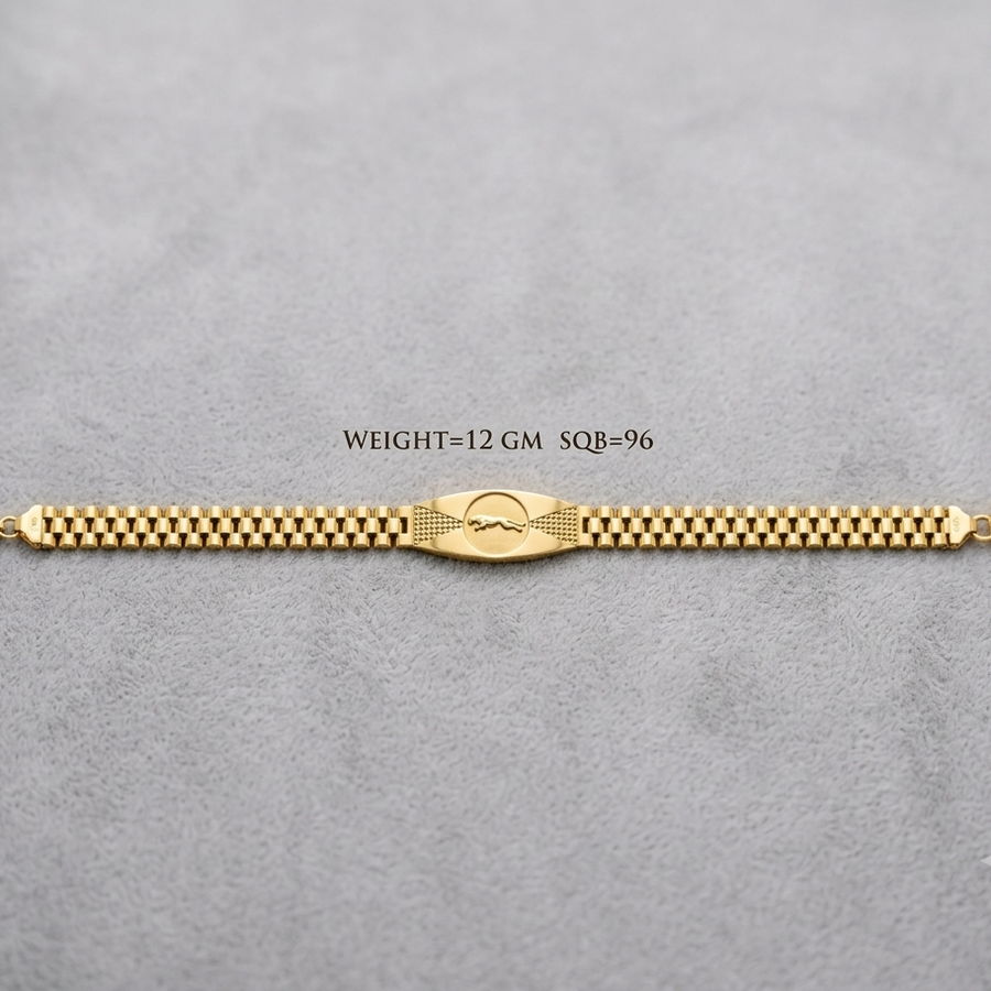 A gold-tone metal link bracelet with a central oval clasp, laid horizontally on a textured gray background. Black text above the bracelet reads 'WEIGHT=12 GM SQ8-96'.