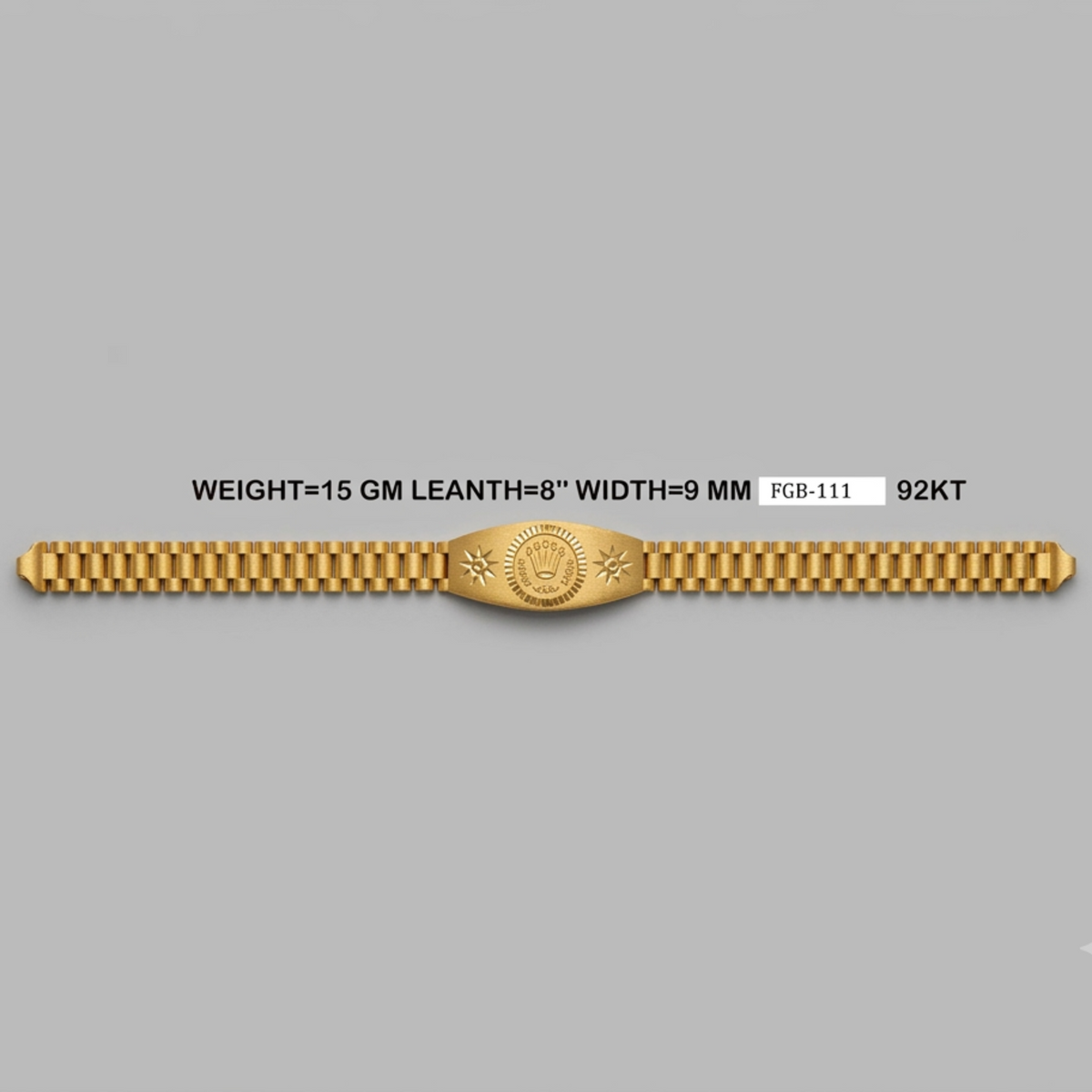 A gold-colored metal bracelet with a textured link design and a central oval medallion, displayed horizontally on a solid gray background with product specifications printed above it.