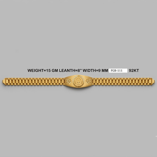 A gold-colored metal bracelet with a textured link design and a central oval medallion, displayed horizontally on a solid gray background with product specifications printed above it.