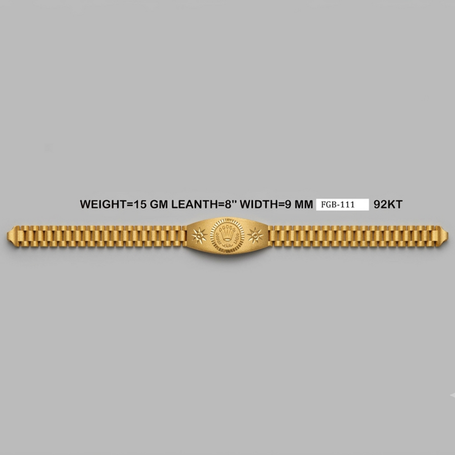A gold-colored metal bracelet with a textured link design and a central oval medallion, displayed horizontally on a solid gray background with product specifications printed above it.