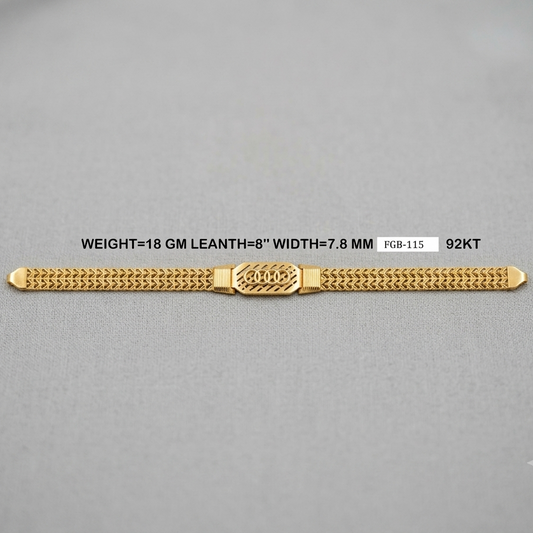 A gold chain bracelet with a textured woven pattern and a central decorative clasp, displayed on a neutral gray background with product specifications printed above it.