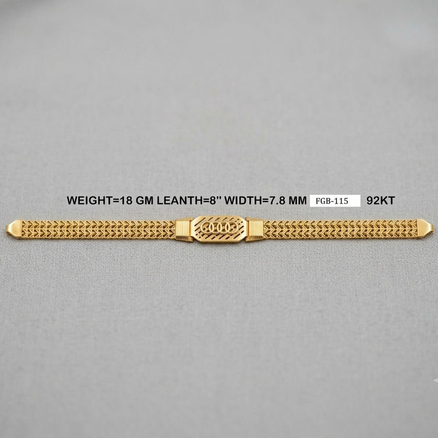 A gold chain bracelet with a textured woven pattern and a central decorative clasp, displayed on a neutral gray background with product specifications printed above it.