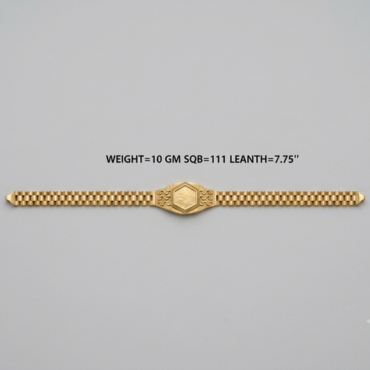 A gold-toned metal bracelet with a checkered pattern and a central geometric clasp, shown on a plain light gray background with text above reading 'WEIGHT=10 GM SQ8=111 LEANTH=7.75"'.