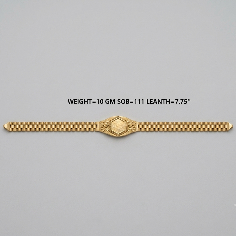 A gold-toned metal bracelet with a checkered pattern and a central geometric clasp, shown on a plain light gray background with text above reading 'WEIGHT=10 GM SQ8=111 LEANTH=7.75"'.