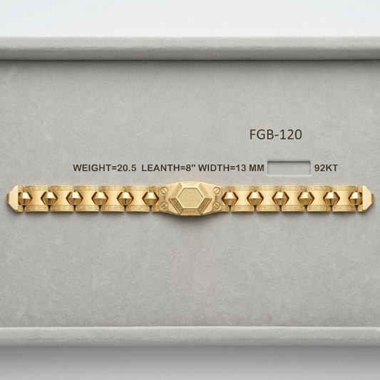 A gold bracelet displayed inside a gray presentation box with printed specifications: FGB-120, weight 20.5, length 8 inches, width 13 mm, and 92KT.