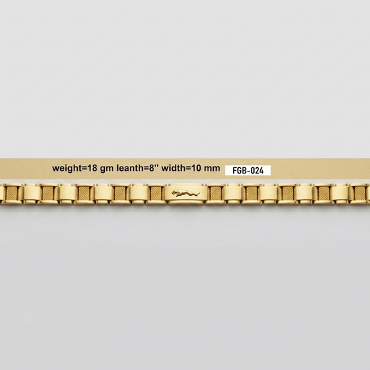 A gold metal link bracelet displayed horizontally against a light gray background, with a beige label overlay showing specifications: weight=18 gm, leanth=8" width=10 mm, and FGB-024.