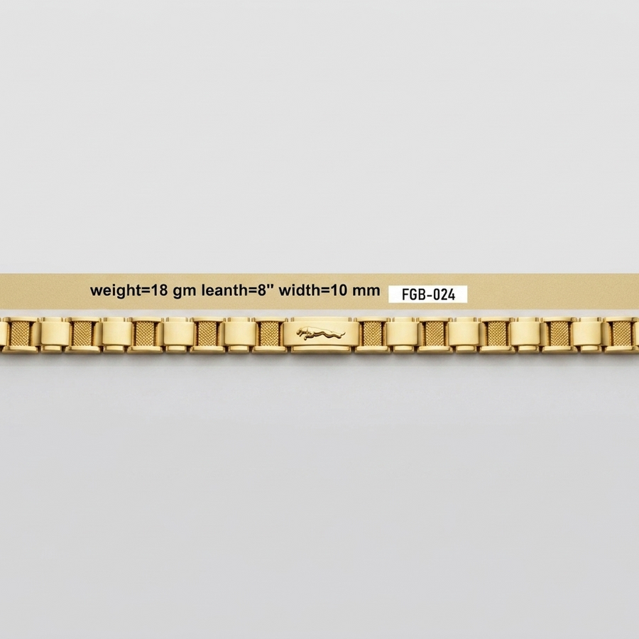 A gold metal link bracelet displayed horizontally against a light gray background, with a beige label overlay showing specifications: weight=18 gm, leanth=8" width=10 mm, and FGB-024.