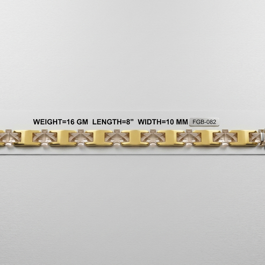 A gold-tone chain bracelet with rectangular links and central clear crystal-like segments, shown horizontally on a light gray background. Black text above reads 'WEIGHT=16 GM LENGTH=8" WIDTH=10 MM' with a small code 'FGB-082' and a '92' mark on the right.