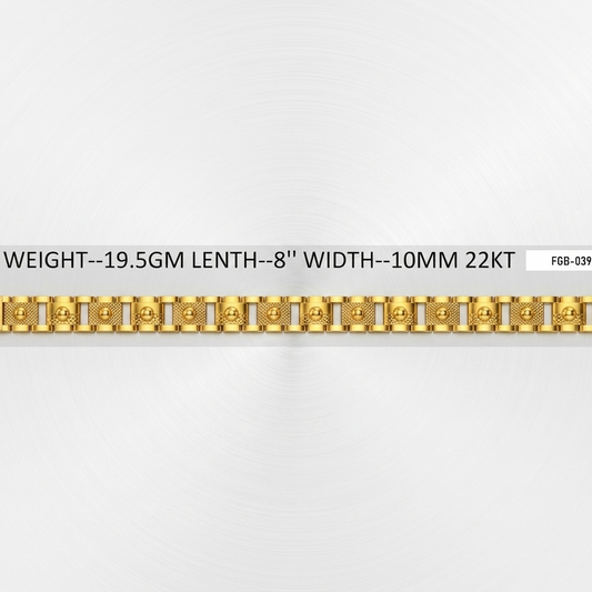A gold link chain bracelet shown horizontally on a light gray background with text overlay detailing its specifications: weight 19.5GM, length 8 inches, width 10mm, 22KT gold, and style FGB-039.