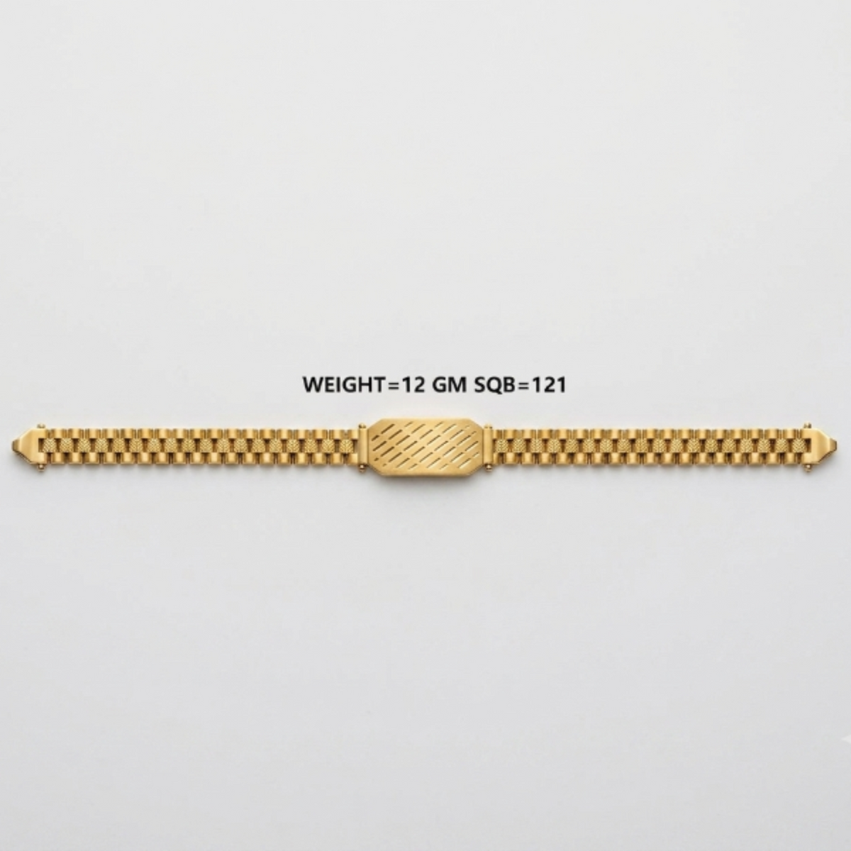 A gold-colored metal watch band with a textured center clasp, displayed horizontally on a light gray background with black text reading 'WEIGHT=12 GM SQB-121' above it.