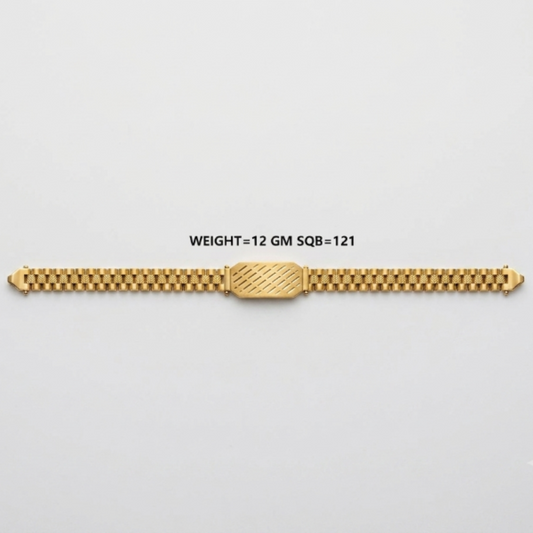A gold-colored metal watch band with a textured center clasp, displayed horizontally on a light gray background with black text reading 'WEIGHT=12 GM SQB-121' above it.