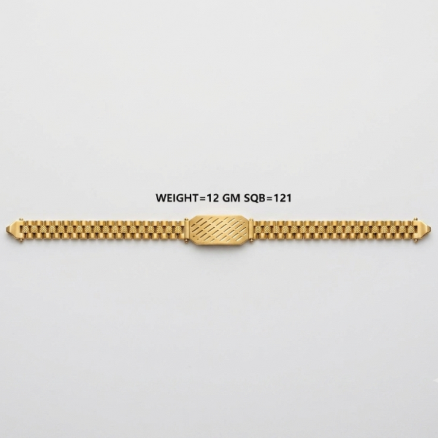 A gold-colored metal watch band with a textured center clasp, displayed horizontally on a light gray background with black text reading 'WEIGHT=12 GM SQB-121' above it.