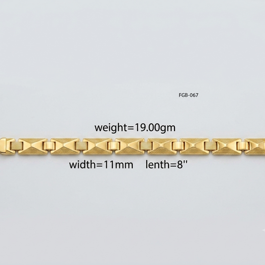 A gold chain bracelet with textured geometric links, shown horizontally on a light gray background with black text overlays indicating its weight (19.00g), width (11mm), and length (8 inches).