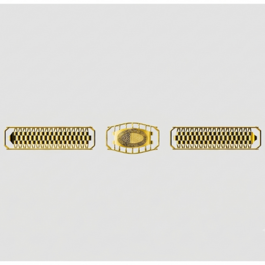 Gold-toned metal watch strap components shown on a light gray background, including two rectangular links with a black-and-gold checkered pattern and one central oval buckle section with a gold oval insert.