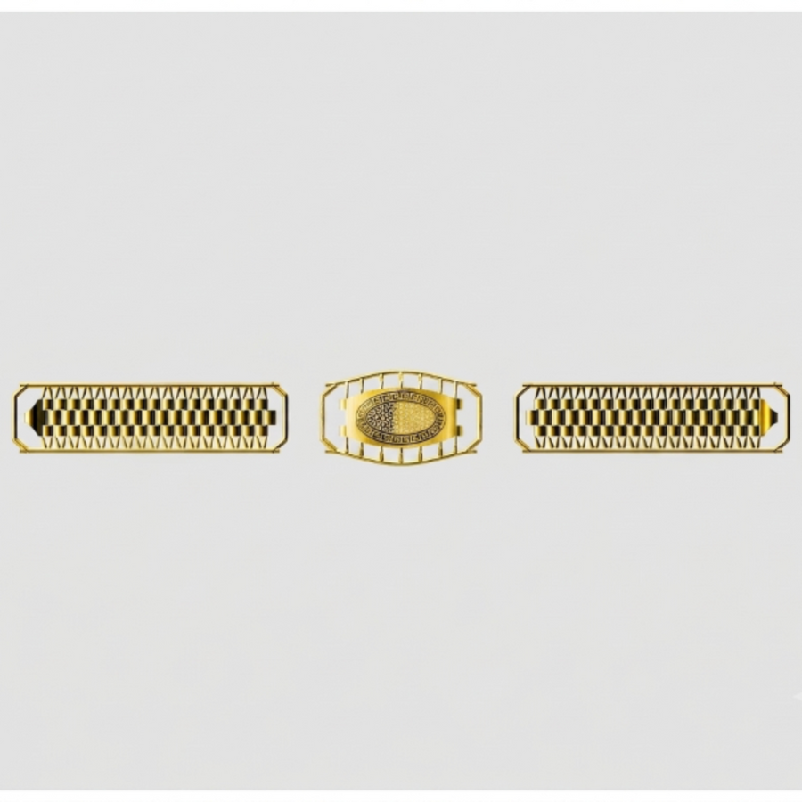 Gold-toned metal watch strap components shown on a light gray background, including two rectangular links with a black-and-gold checkered pattern and one central oval buckle section with a gold oval insert.