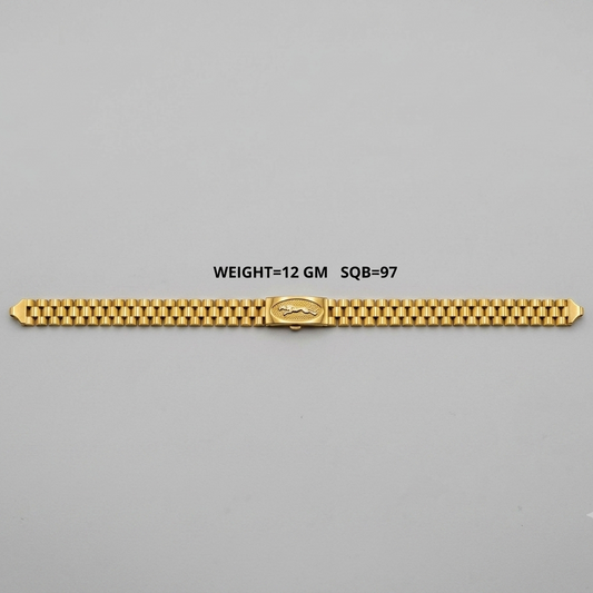 A gold-tone metal watch band with a central clasp, laid horizontally on a light gray background. Black text above the band reads 'WEIGHT=12 GM SQ8-97'.