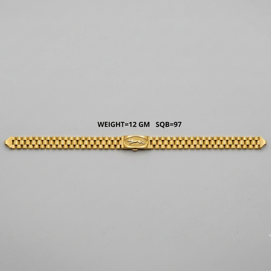 A gold-tone metal watch band with a central clasp, laid horizontally on a light gray background. Black text above the band reads 'WEIGHT=12 GM SQ8-97'.