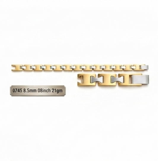 Four different yellow gold bracelets arranged in a 2x2 grid on a white background, each with its own model number, length, and weight displayed in text boxes below.