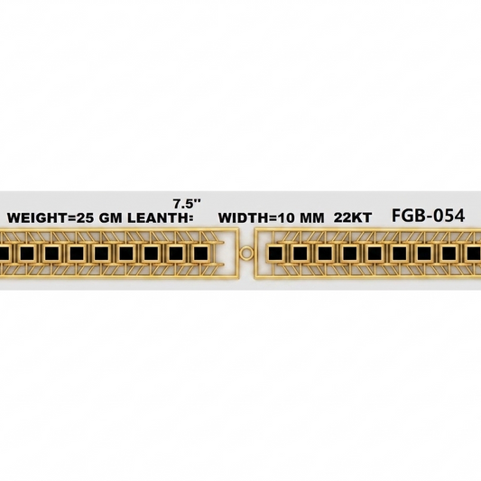 Two gold-toned rectangular pendant charms with black square accents, shown side by side on a light gray background with text listing dimensions and product code FGB-054.