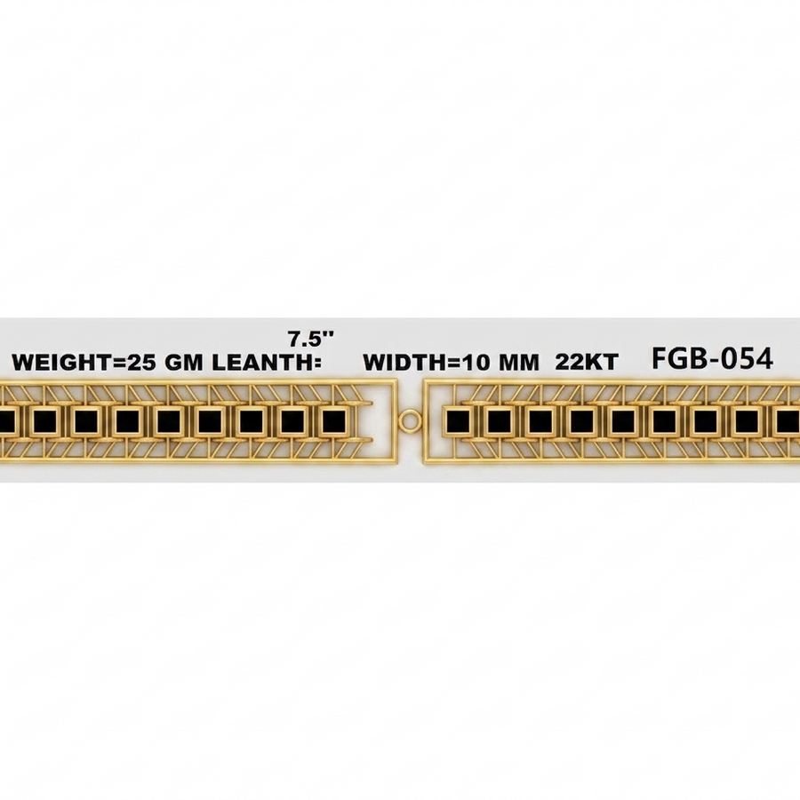 Two gold-toned rectangular pendant charms with black square accents, shown side by side on a light gray background with text listing dimensions and product code FGB-054.