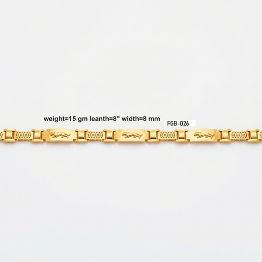 A gold chain bracelet with rectangular links and textured details, displayed horizontally on a white background with a text overlay showing specifications.