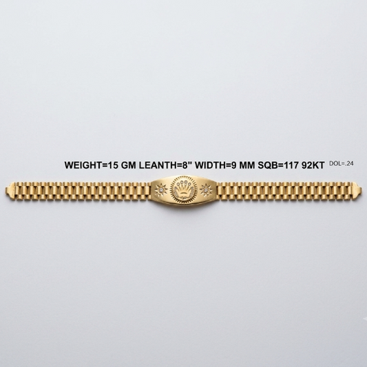 A gold link bracelet with a central oval medallion, displayed horizontally on a light gray background with product specifications printed above it.