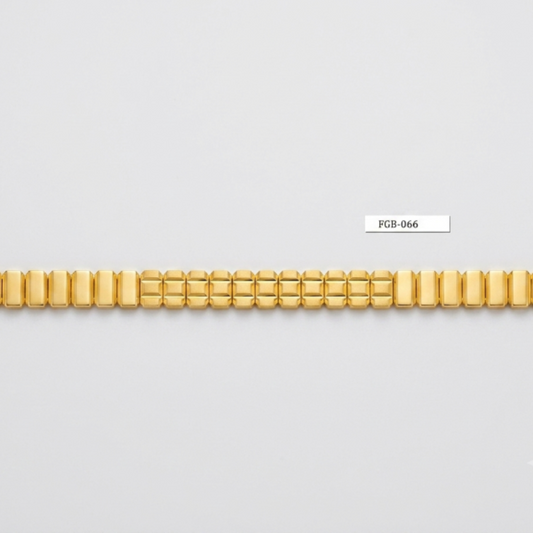 A gold-toned metal link bracelet with a textured, segmented design, displayed horizontally on a light gray background with a small code label 'PCB-066' above it.