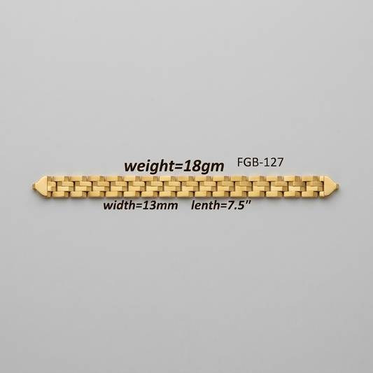 A gold-toned chain bracelet shown on a light gray background with overlaid text indicating weight=18gm, width=13mm, and length=7.5".