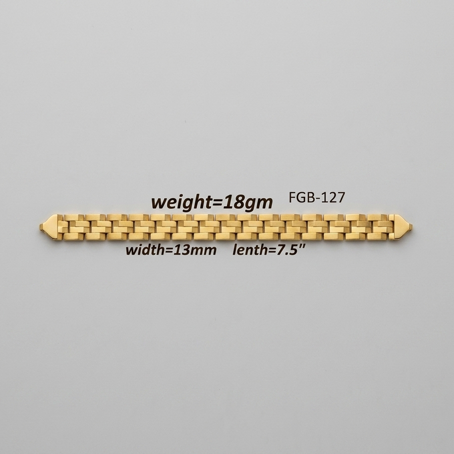 A gold-toned chain bracelet shown on a light gray background with overlaid text indicating weight=18gm, width=13mm, and length=7.5".