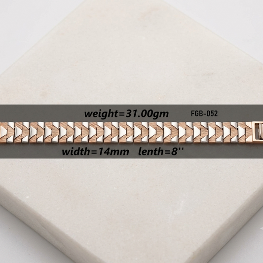 A rose gold metal link watch band with a geometric chevron pattern, displayed on a light beige stone block. A dark gray text banner across the center shows the model number 'FGB-052' and specifications: 'weight=31.