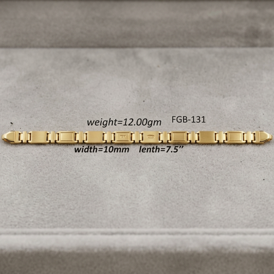 A gold link bracelet displayed on a gray velvet jewelry box, with overlaid text showing its weight of 12.00g, width of 10mm, and length of 7.