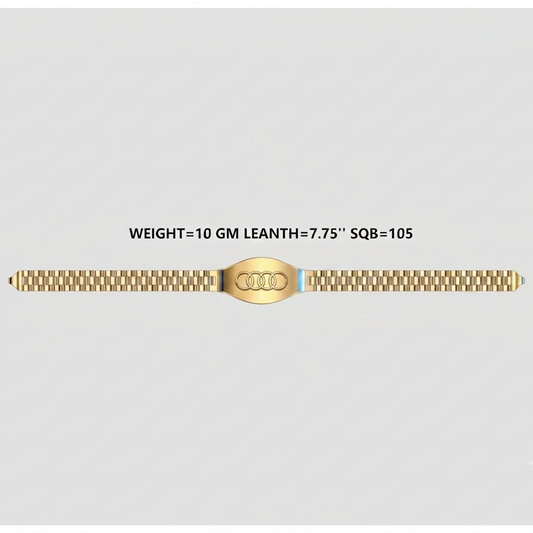 A gold-tone metal bracelet watch band with a central oval clasp, shown horizontally on a light gray background with text above reading 'WEIGHT=10 GM LEANTH=7.75" SQB=105'.