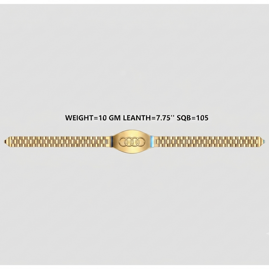A gold-tone metal bracelet watch band with a central oval clasp, shown horizontally on a light gray background with text above reading 'WEIGHT=10 GM LEANTH=7.75" SQB=105'.