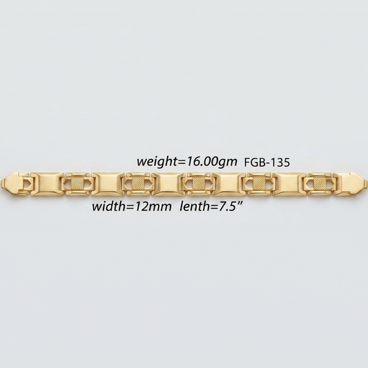 A gold chain bracelet with rectangular links, shown horizontally on a light gray background with text overlays indicating its weight, width, and length.