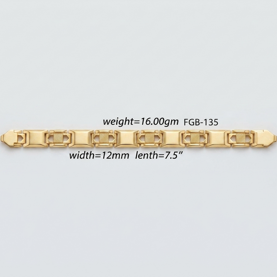 A gold chain bracelet with rectangular links, shown horizontally on a light gray background with text overlays indicating its weight, width, and length.
