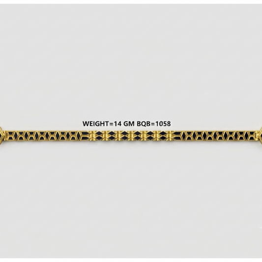 A gold-toned chain bracelet with repeating geometric links and hexagonal end caps featuring dark inlay, shown on a light gray background with text indicating weight and BQ8 code.